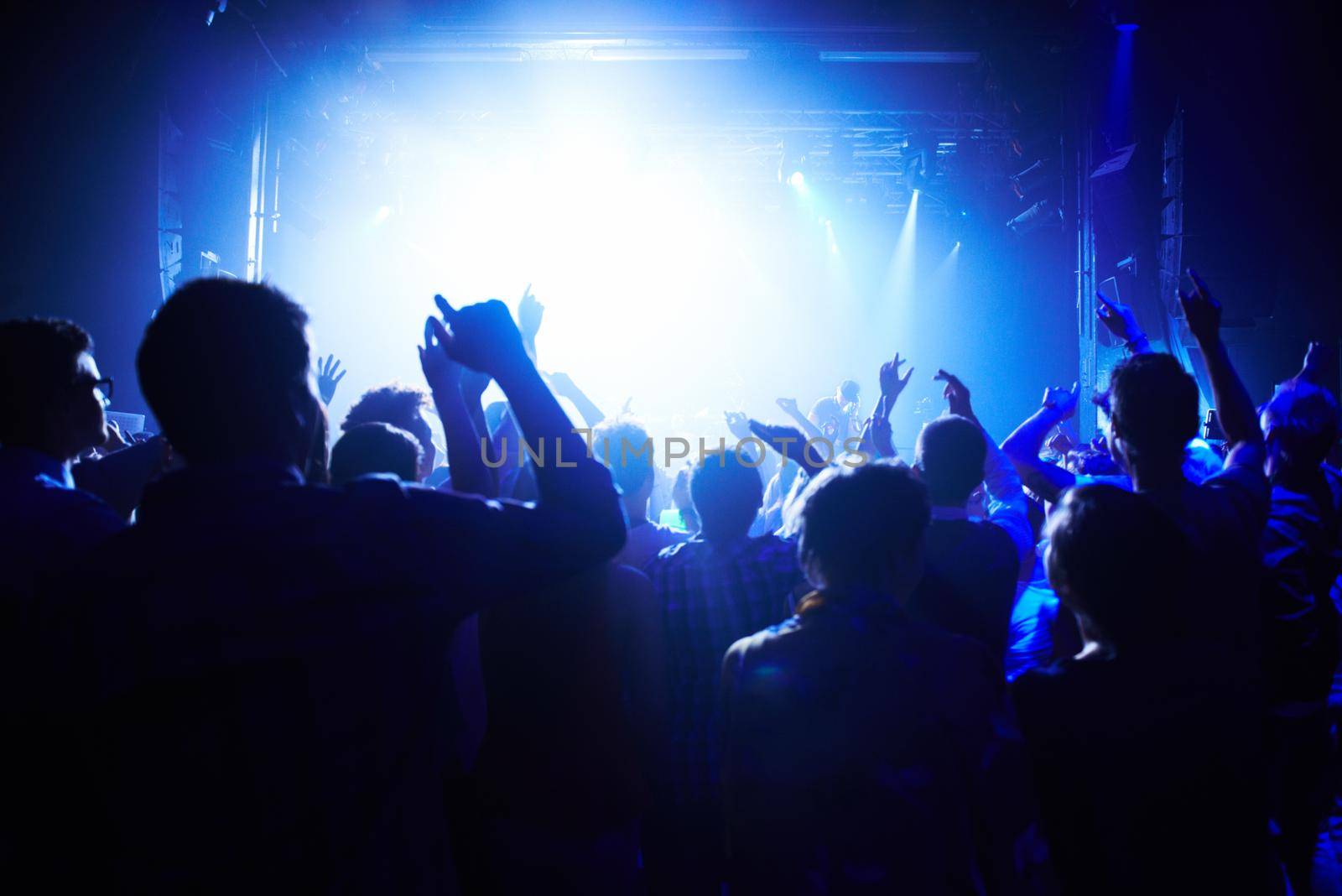 A crowd of people cheering the band on st.