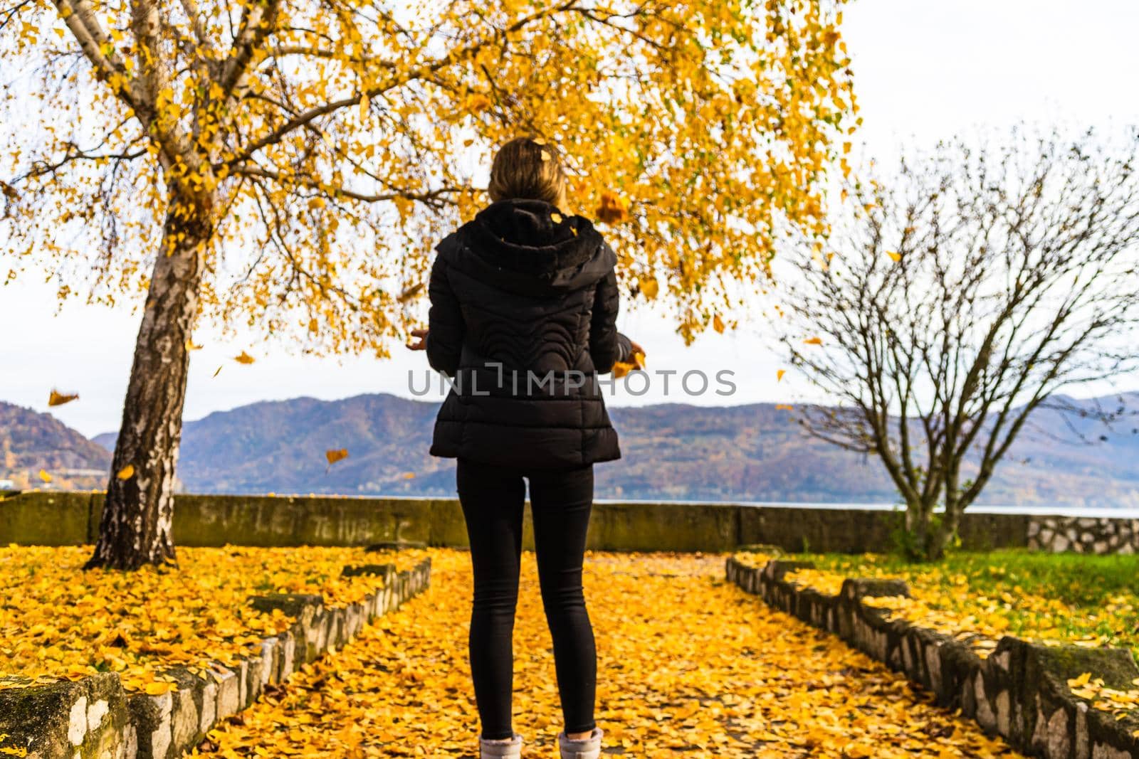  Autumn leaves fallen on alone woman walking on the autumn alley. Autumn landscape, orange foliage in a park in Orsova, Romania, 2020 by vladispas