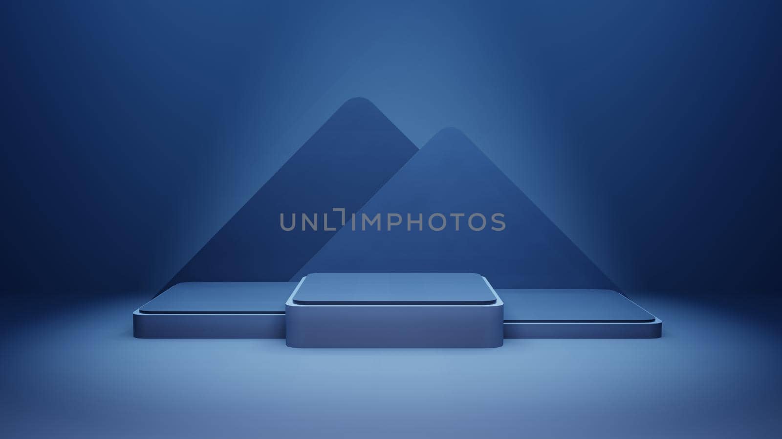 Minimal stage mock up. Dark blue square base. Pedestal for display. Empty product stand. Blank background stand. 3d render illustration. by Benzoix