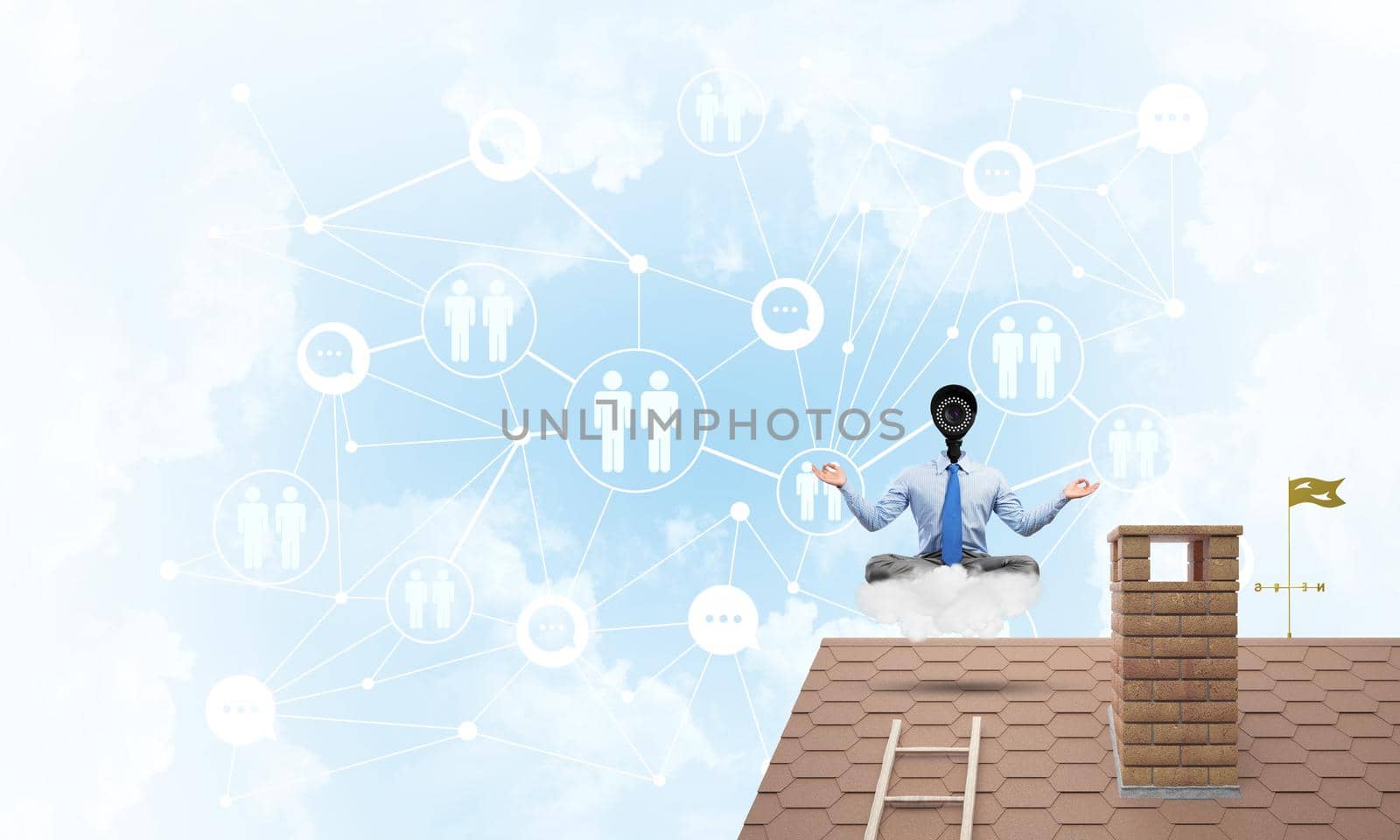 Faceless businessman with camera zoom instead of head sitting in lotus pose