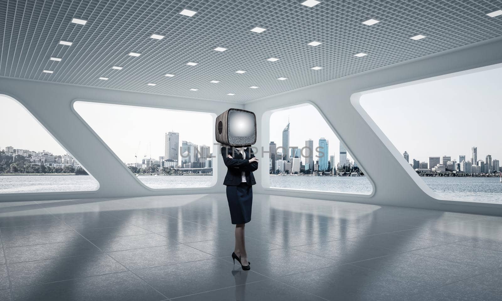 Business woman in suit with an old TV instead of head keeping arms crossed while standing inside office building. 3D rendering.