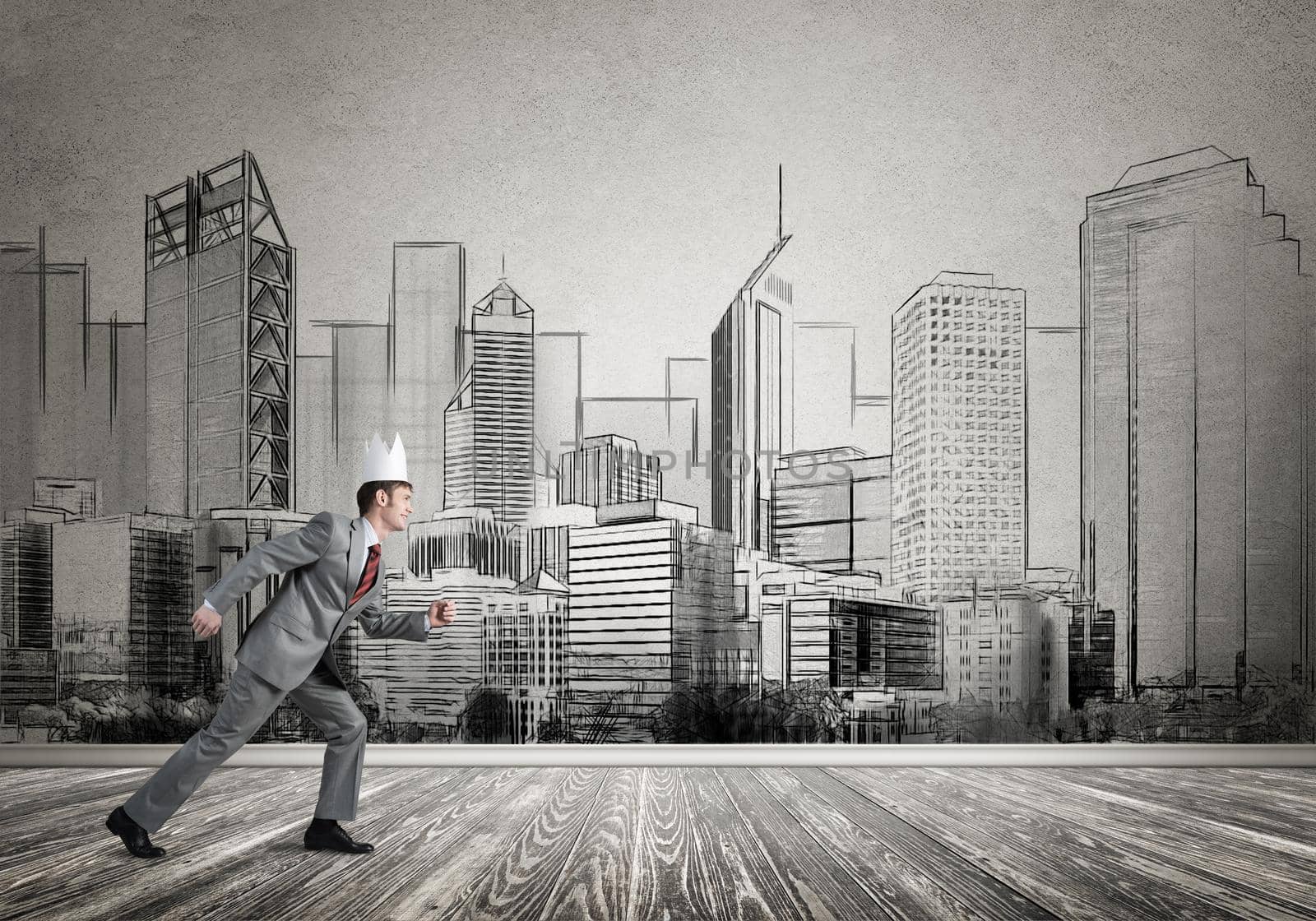 King businessman in elegant suit running and drawn cityscape silhouette at background by adam121