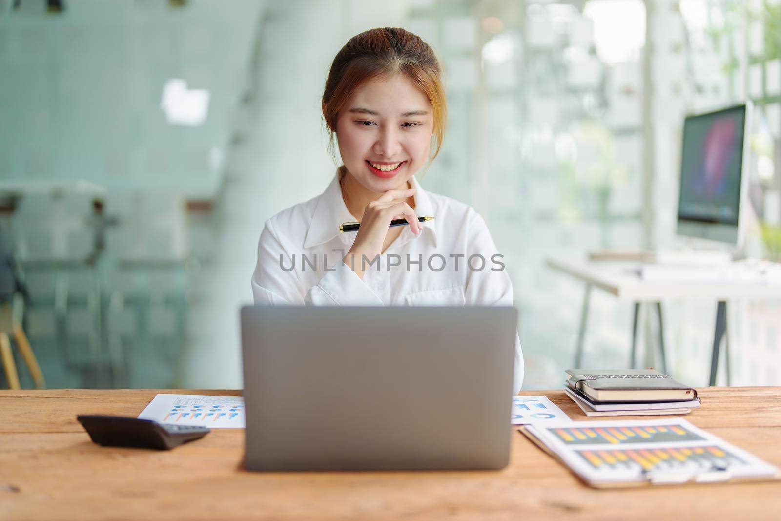 data analysis, plan, marketing, accounting, audit, Portrait of asian business woman planning marketing using statistical data sheet and computer to present marketing plan project at meeting