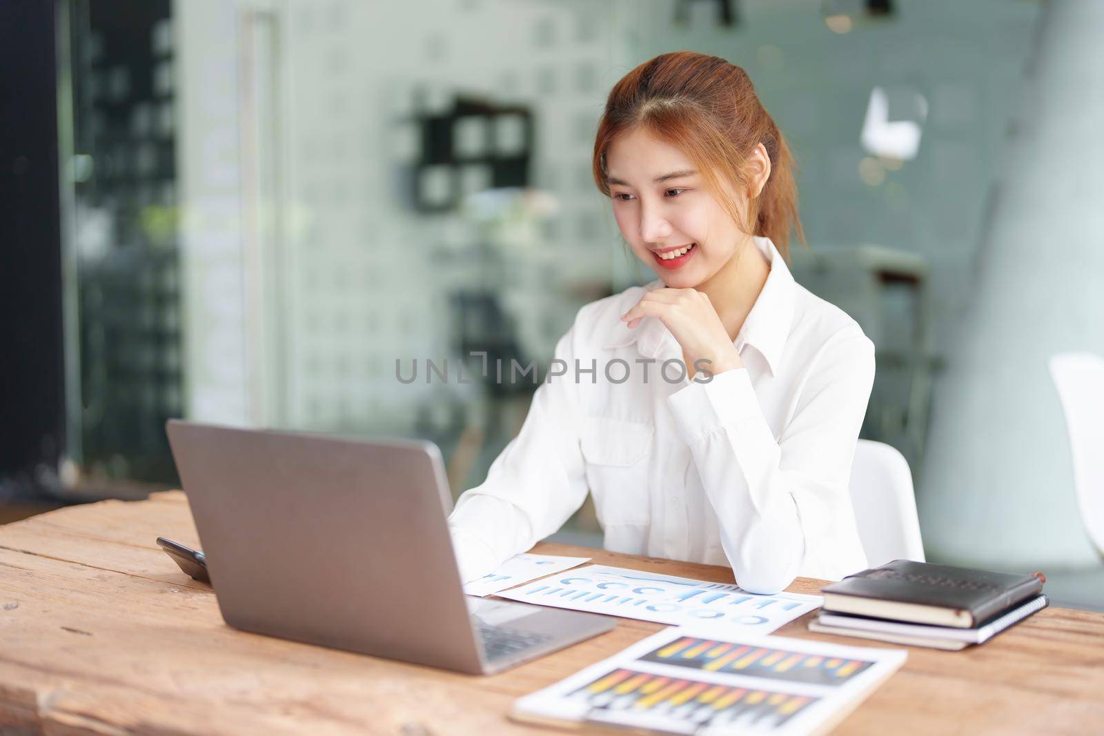data analysis, plan, marketing, accounting, audit, Portrait of asian business woman planning marketing using statistical data sheet and computer to present marketing plan project at meeting