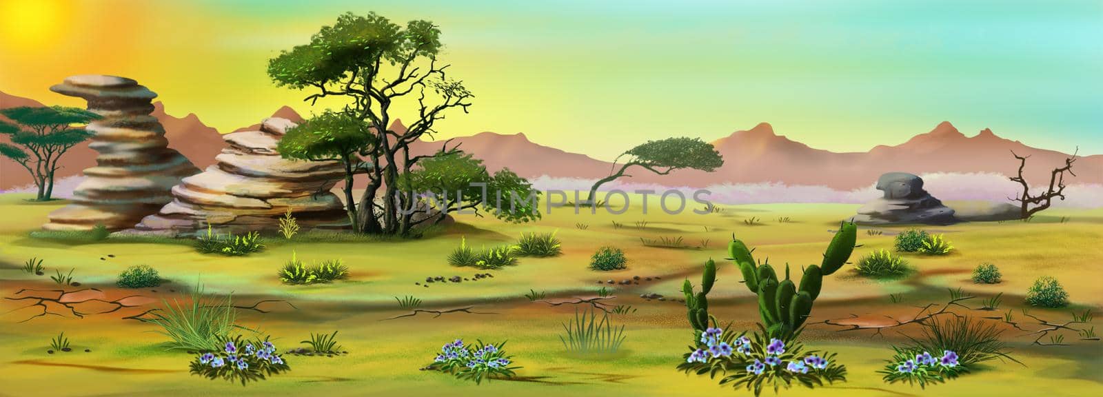 Desert landscape of the African savannah in the early morning. Digital Painting Background, Illustration.