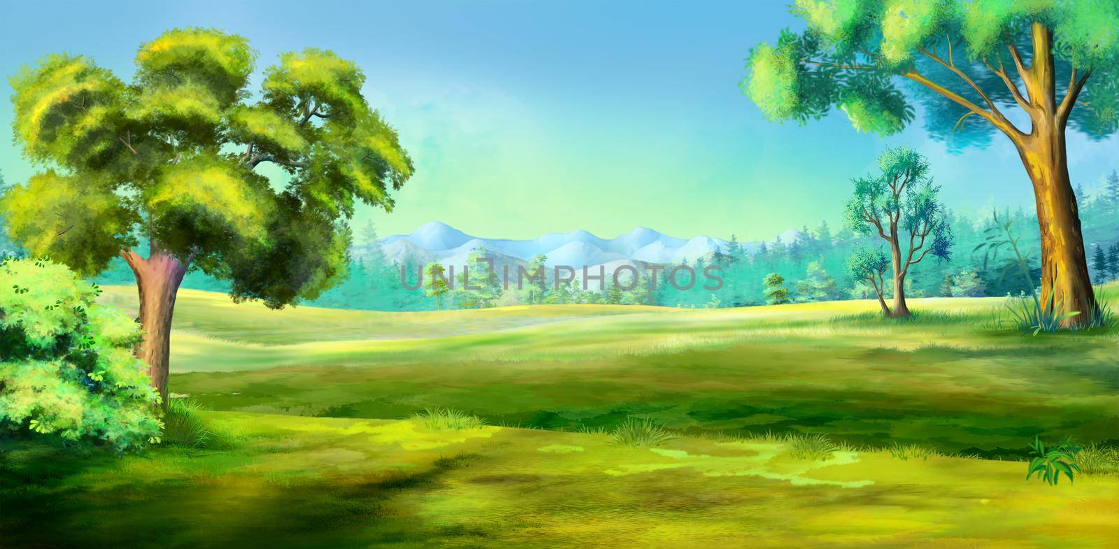 Big trees on the background of the steppe landscape by Multipedia