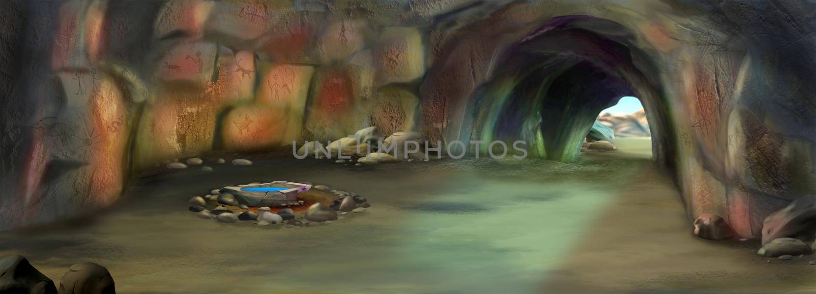 Caveman cave in prehistoric era. Digital Painting Background, Illustration.