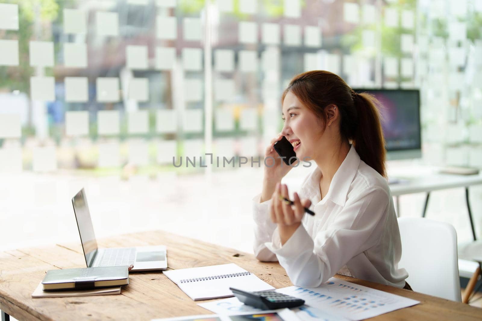 data analysis, plan, marketing, accounting, audit, asian business woman holding smart phone of planning marketing use statistical data sheet and computer to present marketing plan project at meeting