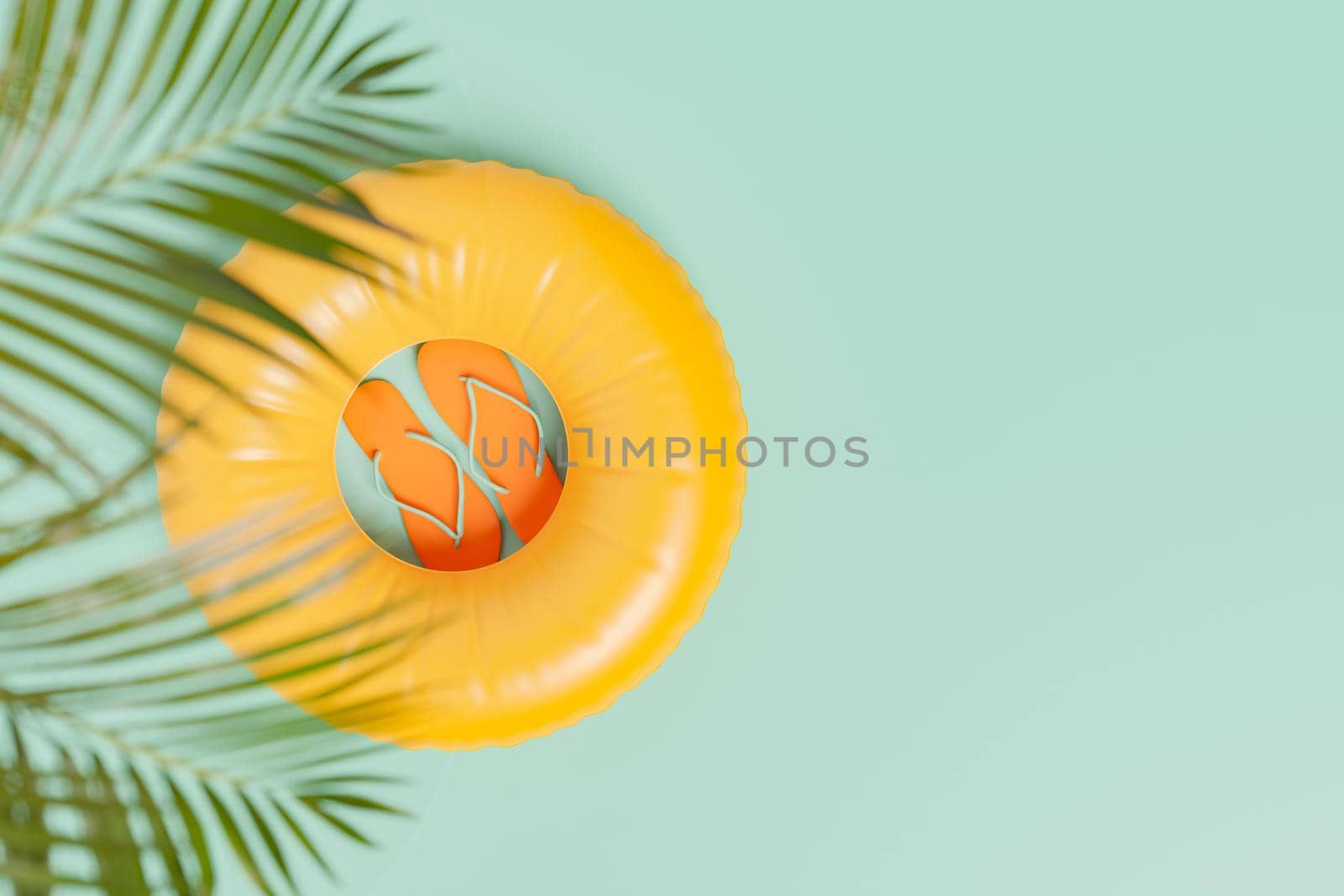 inflatable ring with flip flops inside and palm leaves on top. space for text. concept of summer, vacations, beach, swimming pool and relaxation. 3d rendering