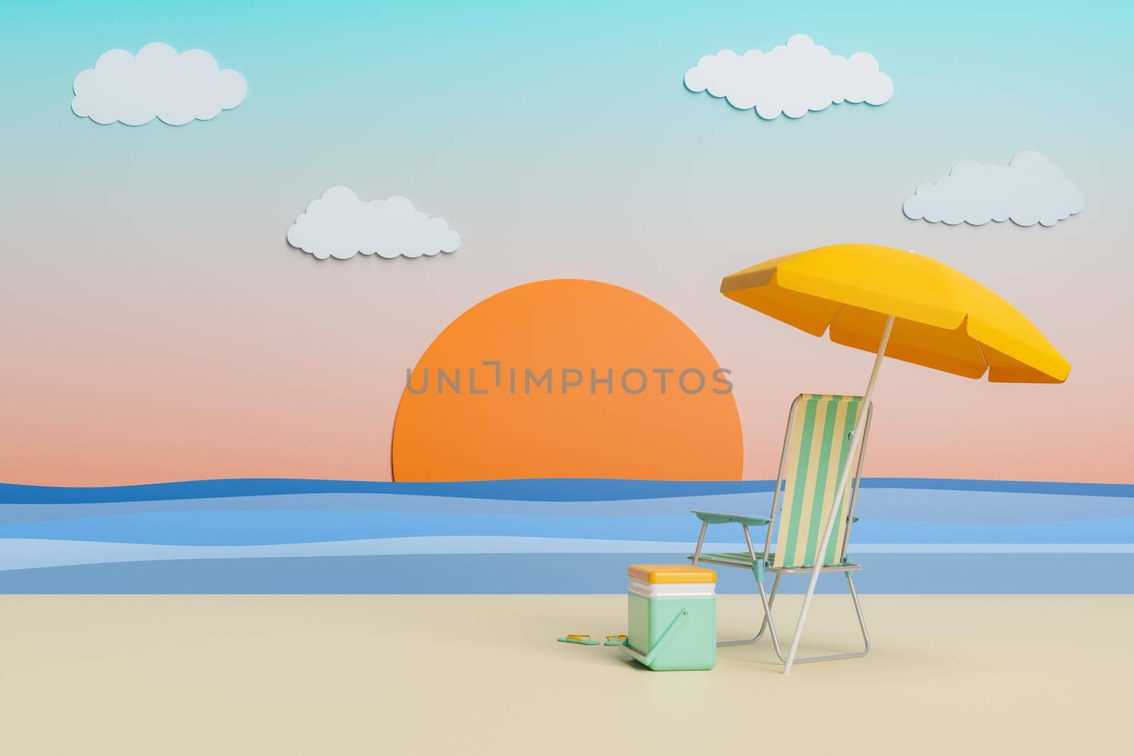 sunset of an artificial beach with beach chair by asolano