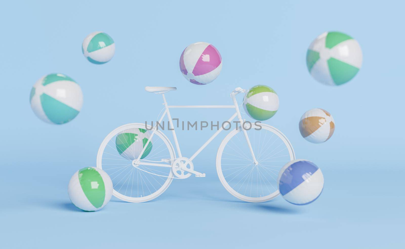 retro bicycle with beach balls around. minimalistic concept of summer, ride, activities, spring and outdoor sport. 3d rendering