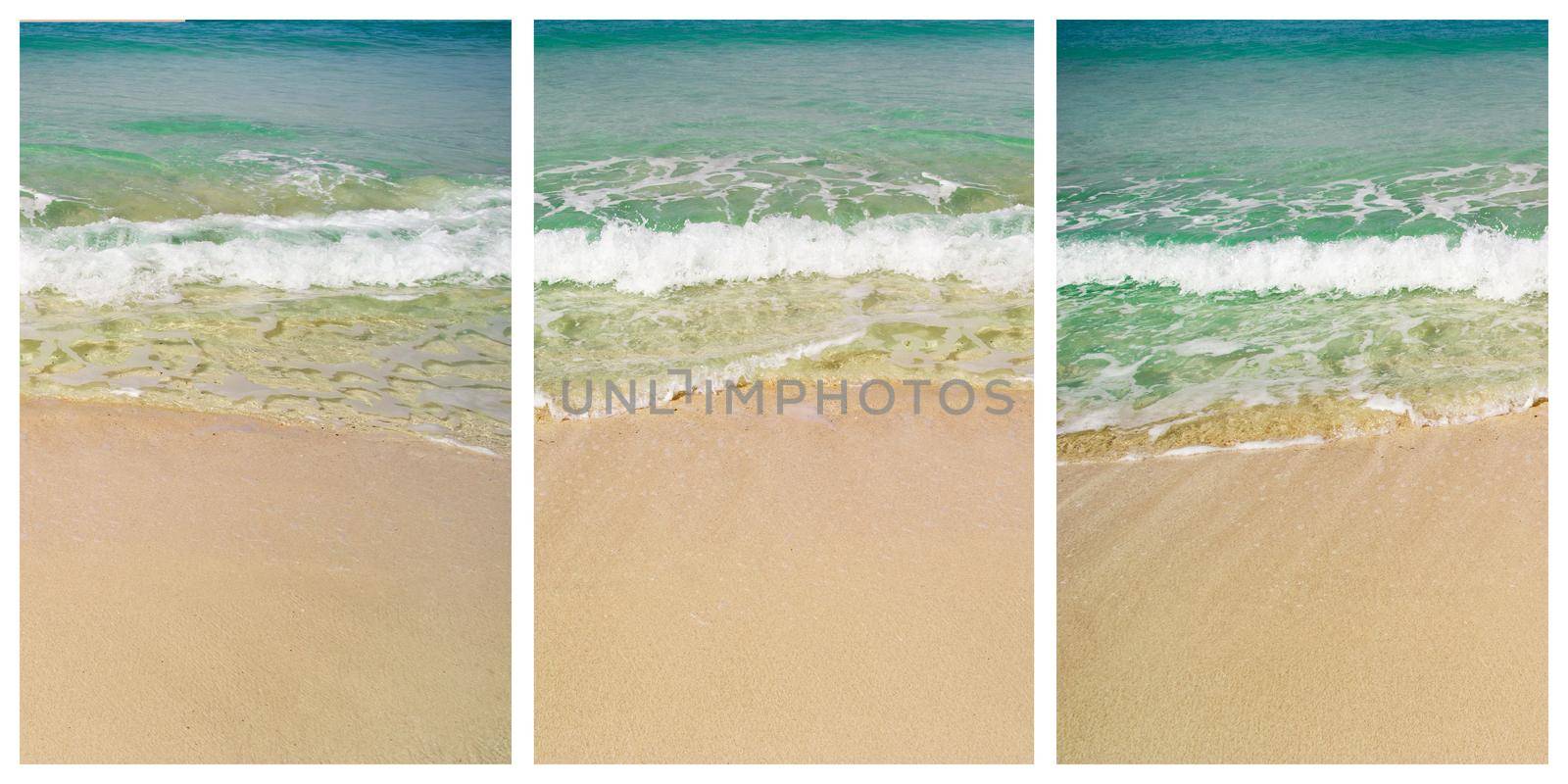 Beatiful sea coast view collage with sand, ocean and waves. Idellyc paradise place pictures set with holiday vibes