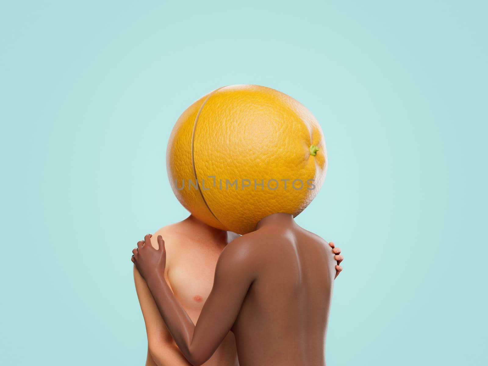 caucasian and afro person kissing with orange head. half orange concept. 3d rendering