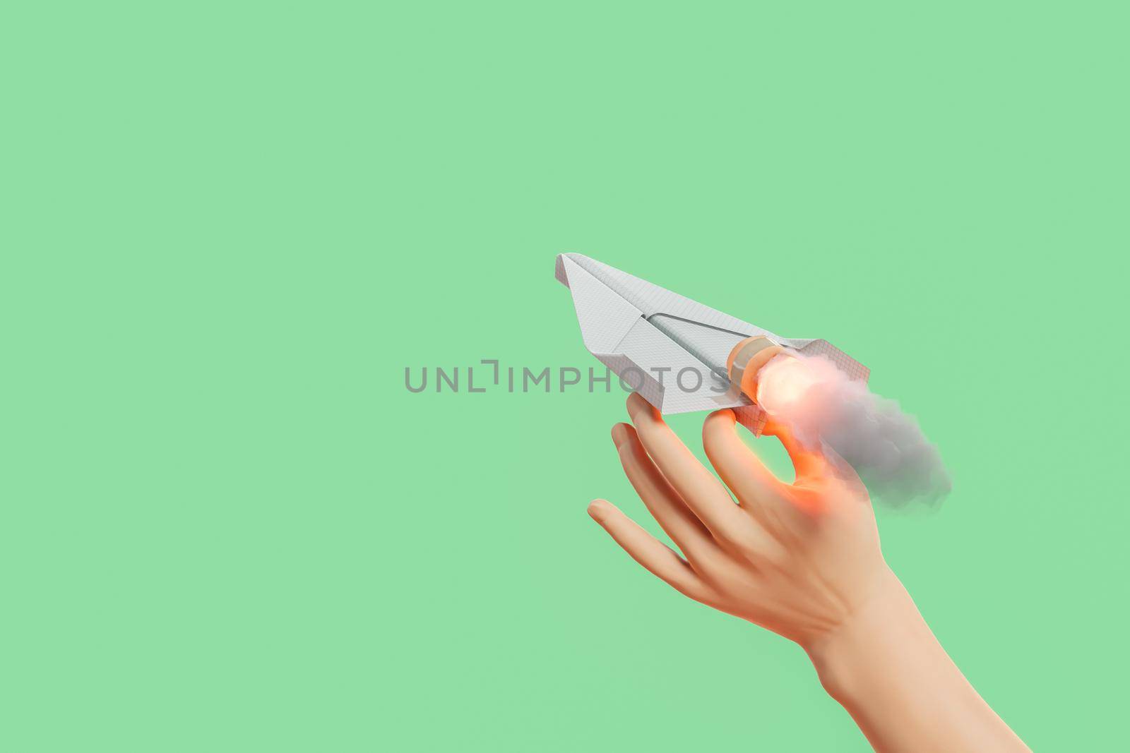 cartoon hand launching a propelled paper airplane. concept of impulse, thrust, education and startup. 3d rendering