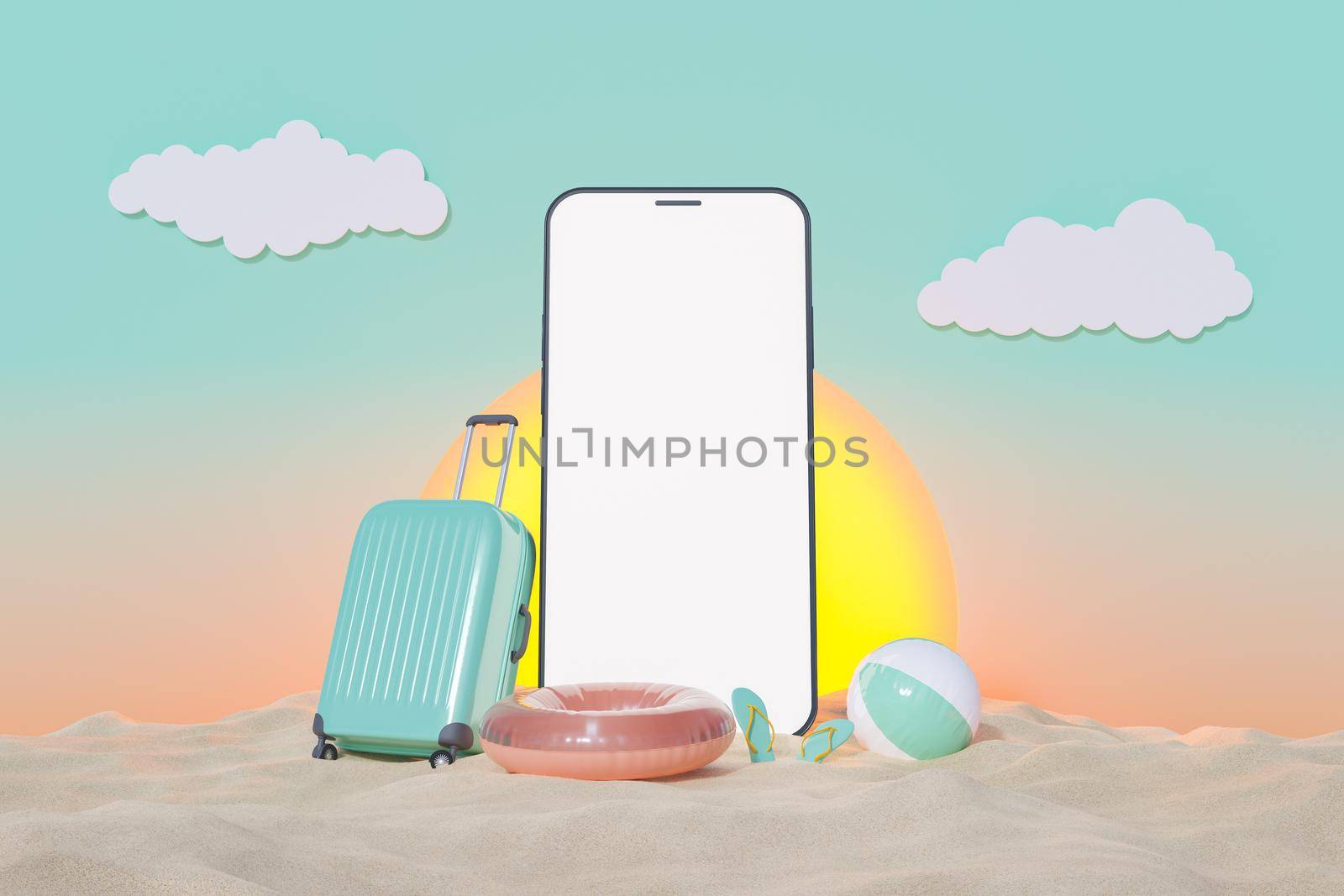 mockup of mobile phone with suitcase and beach accessories on beach sand with artificial sunset behind. 3d rendering