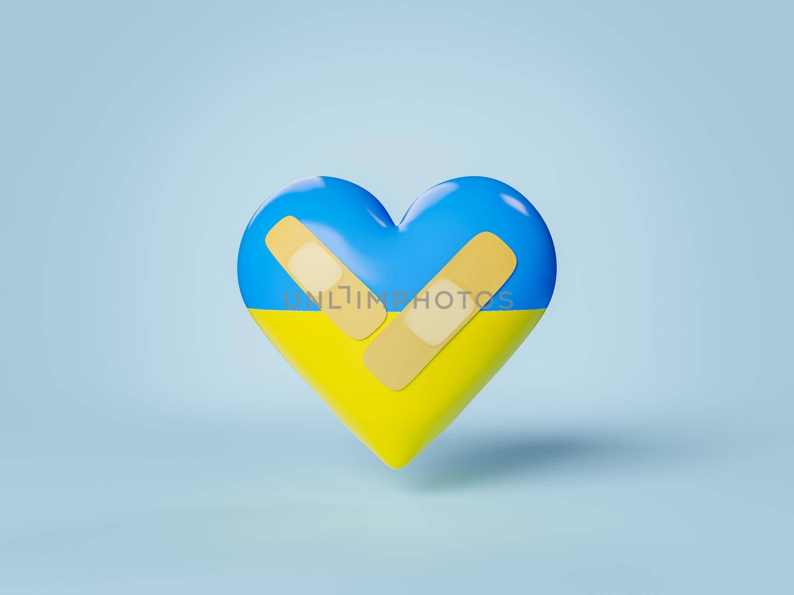 ukraine flag on heart with bandage for wounds. concept of recovery, war, solidarity, healing, shelter and peace. 3d rendering