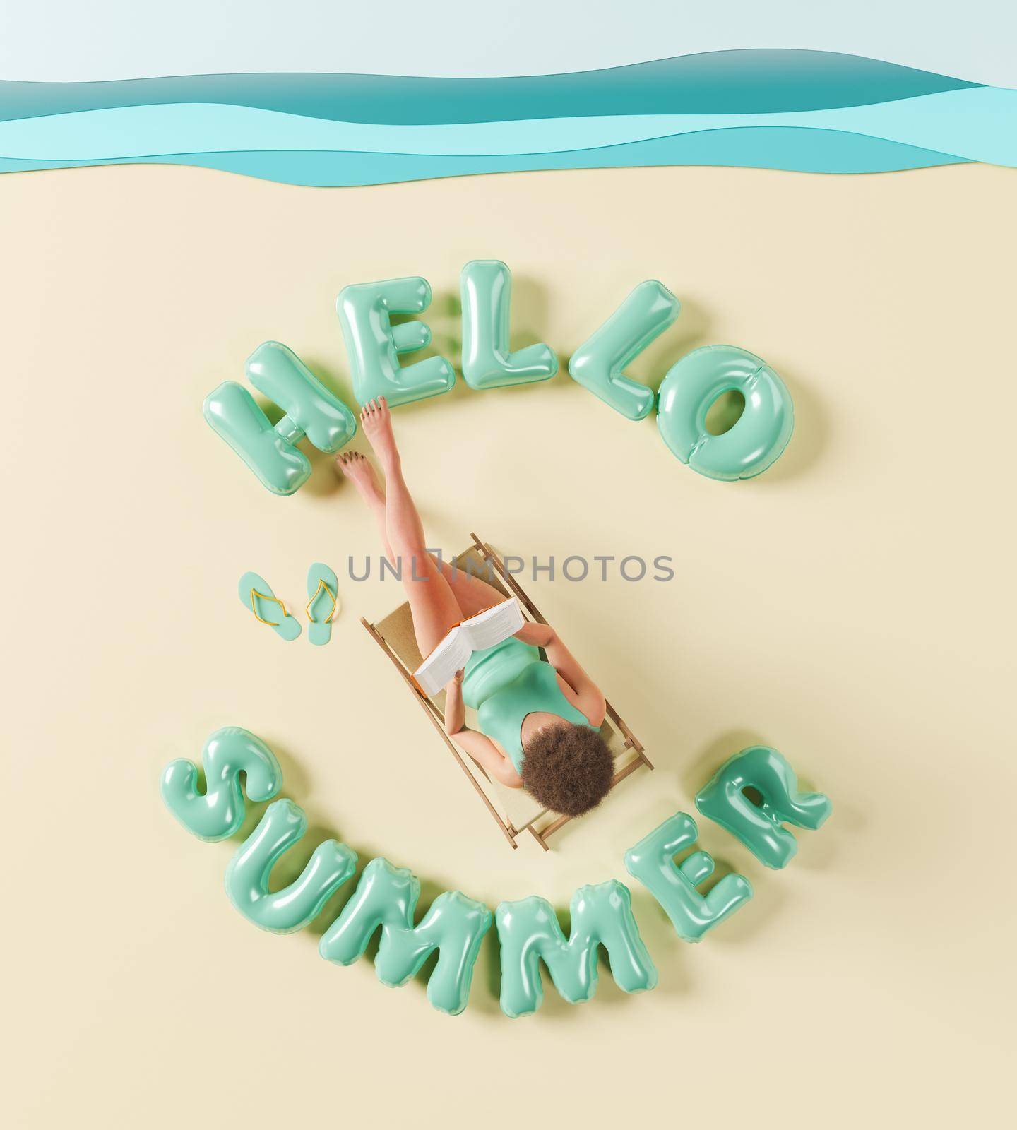 top view of a woman reading on a hammock on an artificial beach with the word HELLO SUMMER from swim floats. concept of summer arrival. relaxation, vacation and travel. 3d rendering