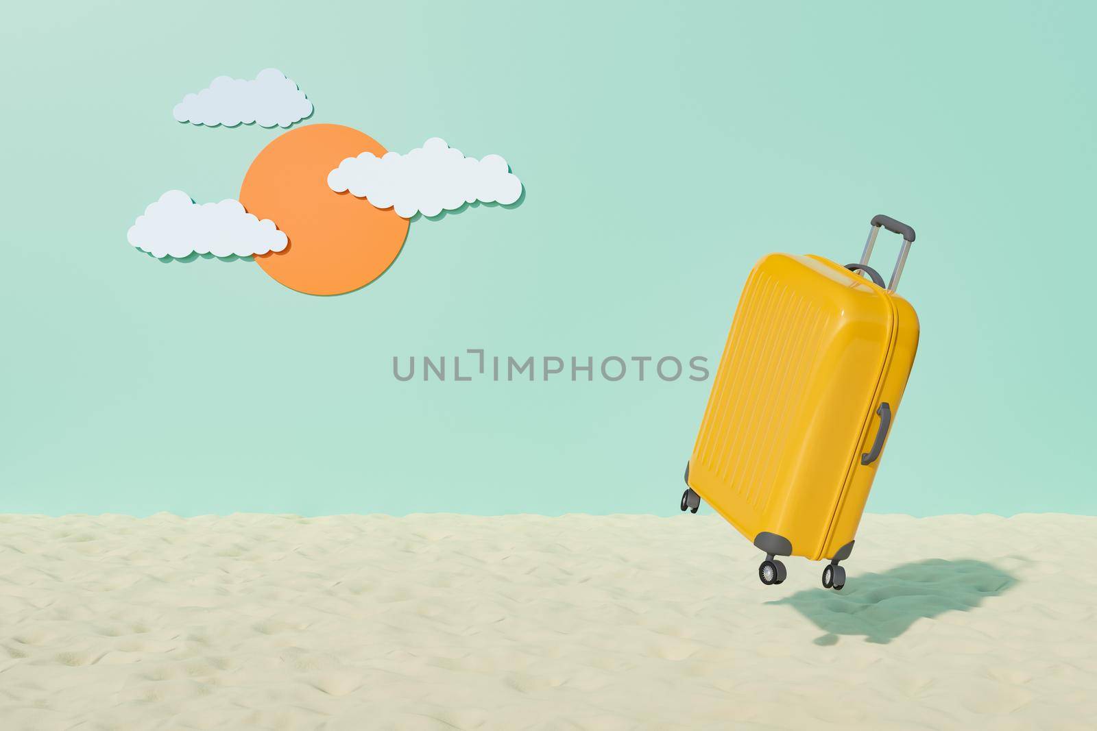 suitcase floating on beach sand with artificial sky background by asolano