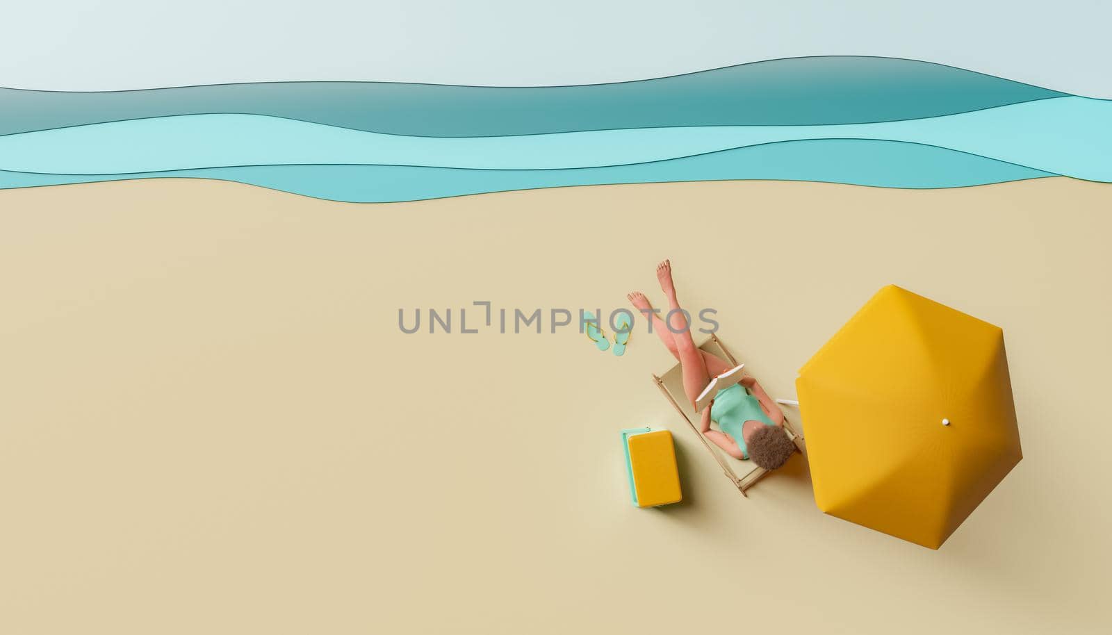 top view of a woman reading on a hammock on an artificial beach in a studio. concept of summer arrival. relaxation, vacations and travels. 3d rendering