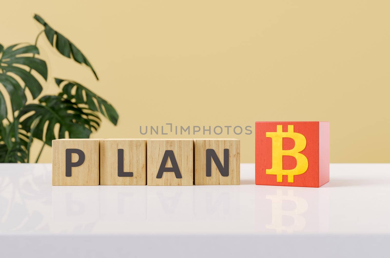 cubes with PLAN letters and bitcoin symbol. Concept of plan b, alternative economy and cyptocurrencies. 3d rendering
