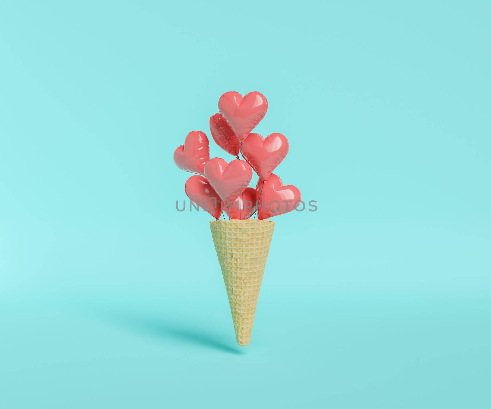 cookie ice cream cone with heart balloons coming out of it. 3d rendering