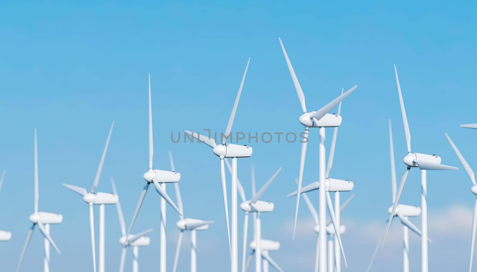 close up of wind turbines with clear sky. concept of renewable energies and climate change. 3d rendering