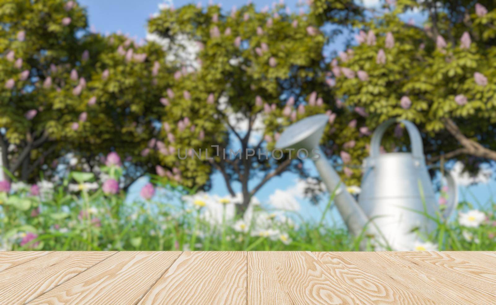 wooden table for product display with a rural country background full of flowers, watering can and trees out of focus. 3d rendering