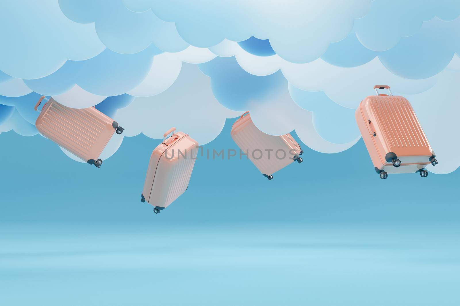 travel suitcases falling from artificial clouds on studio background. travel concept. 3d rendering