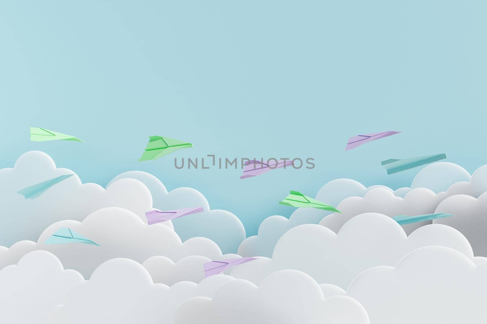 colorful paper airplanes flying over transparent flat clouds and blue background. concept of education, school, current, move forward and startup. 3d rendering