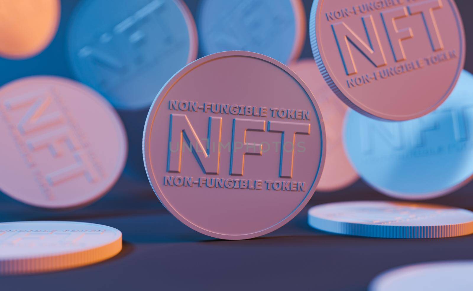 close-up of messy NFT coins with neon lighting by asolano