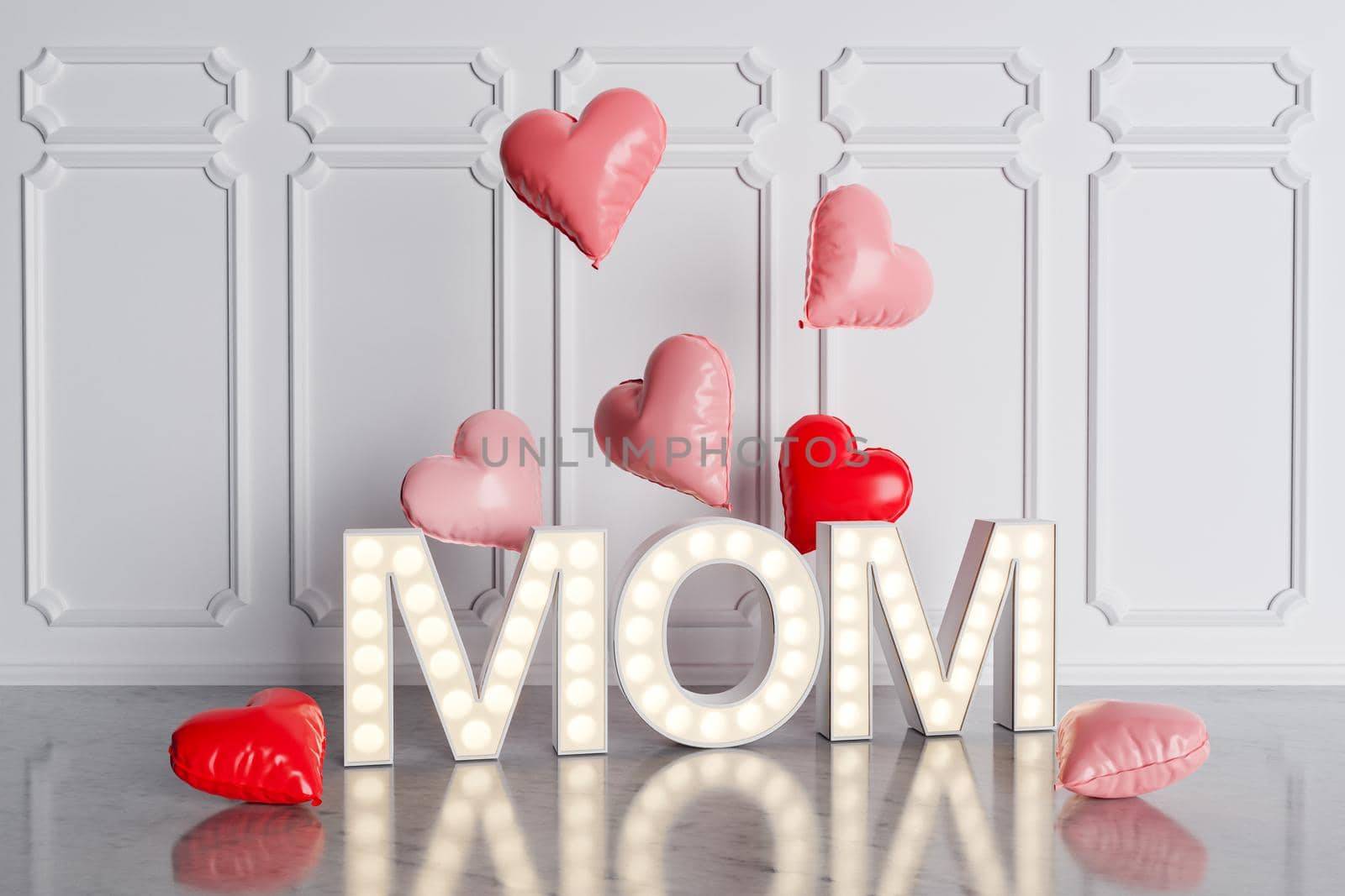 MOM light sign with hearts balloons around by asolano