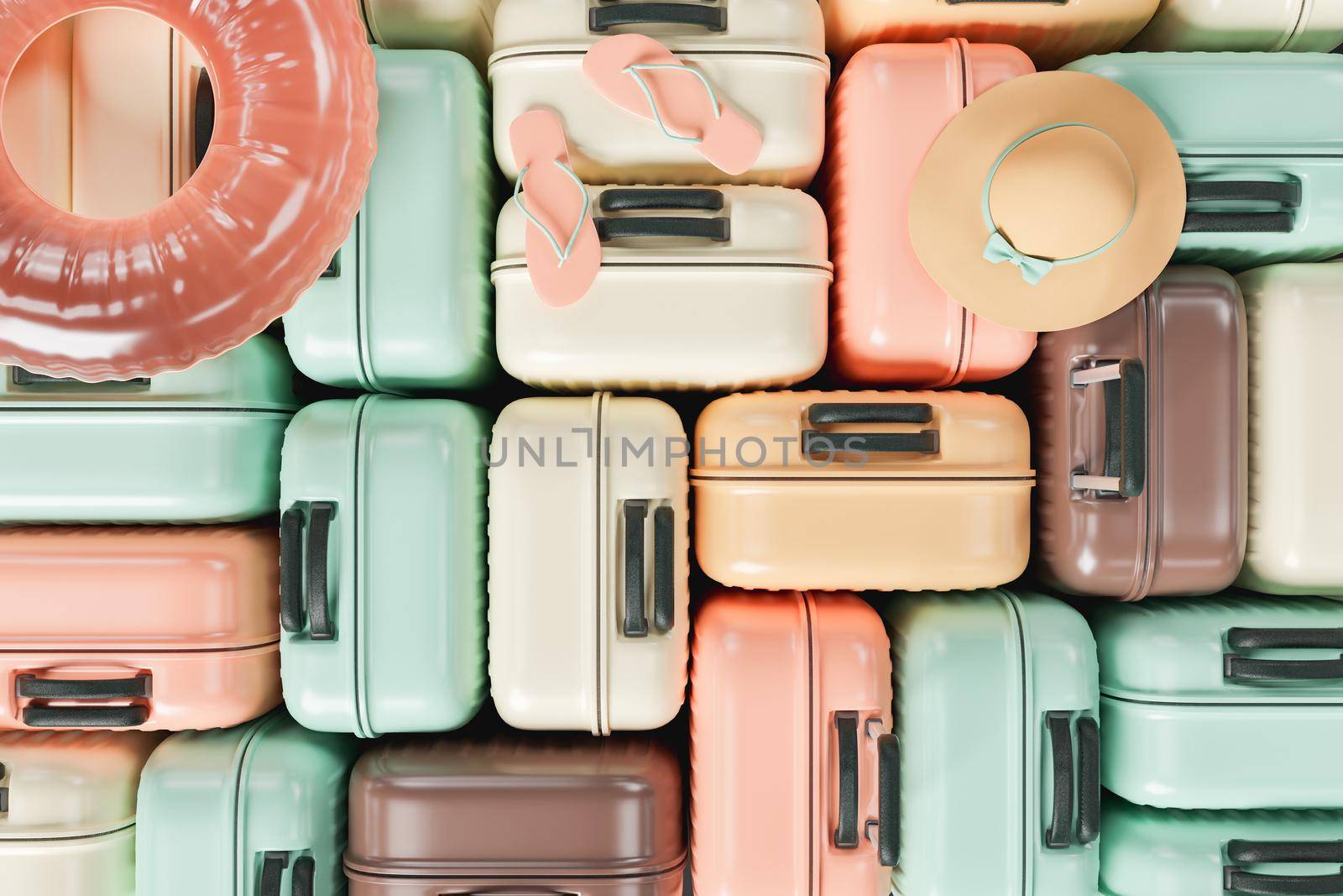 pattern of many suitcases stacked with summer travel accessories by asolano