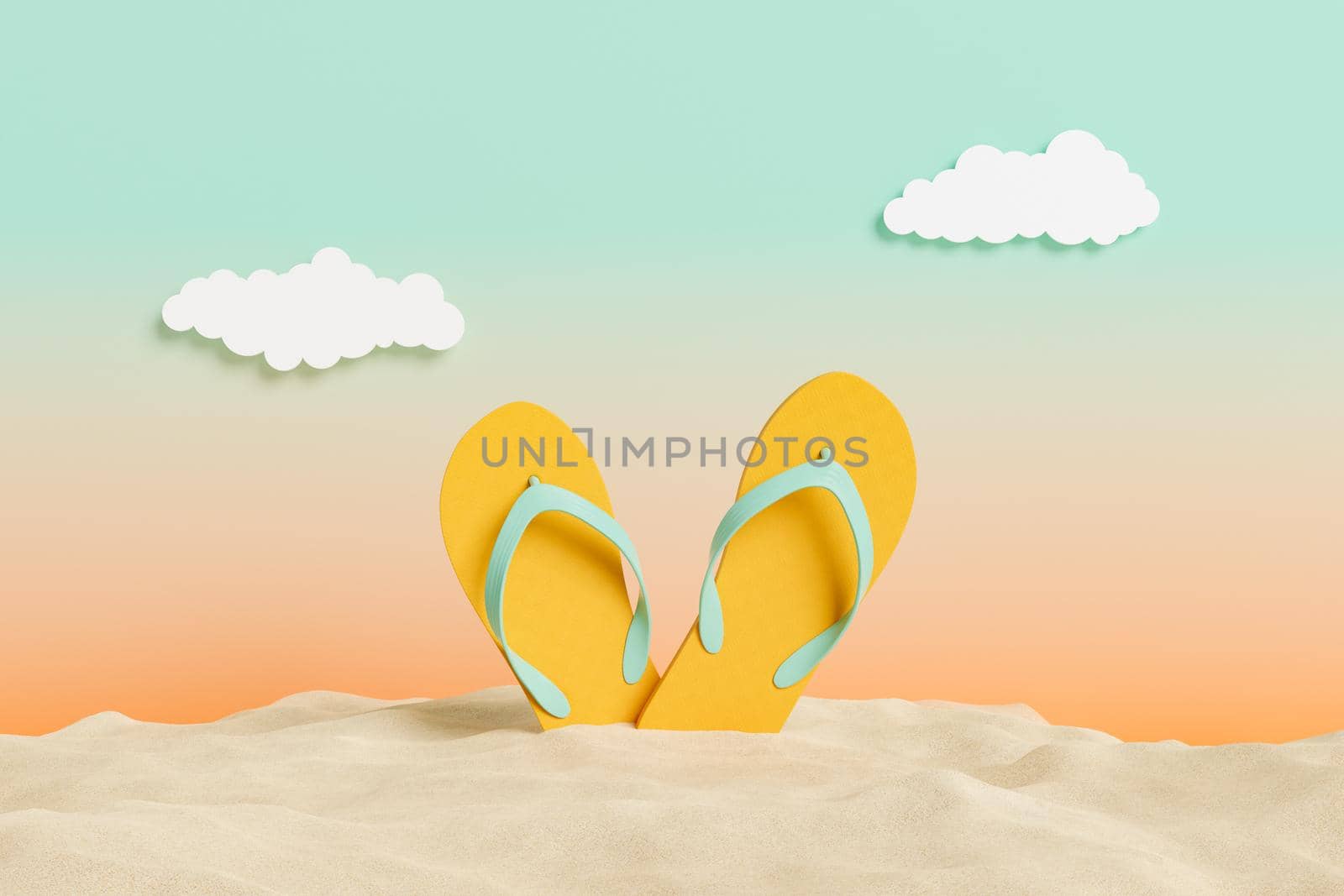 flip flops on beach sand with sunset studio background by asolano