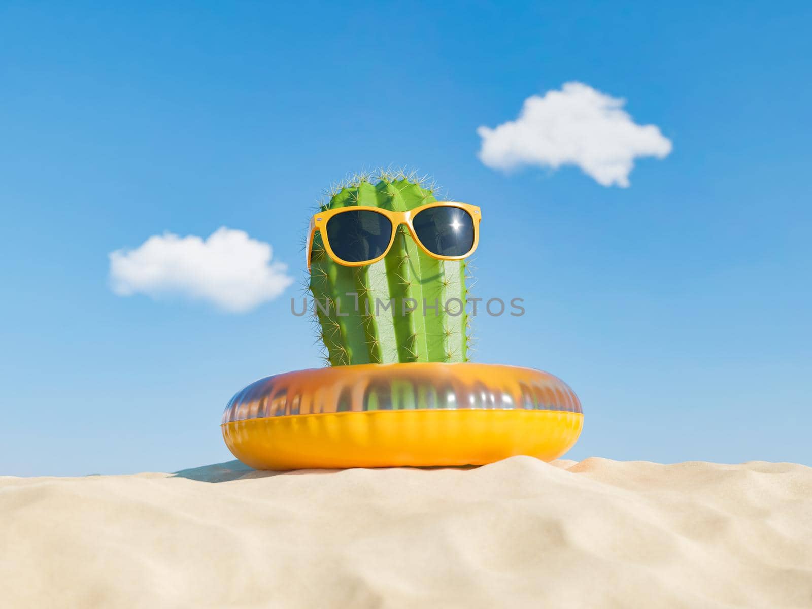 cactus on a float on the beach sand with a clear sky. 3d rendering