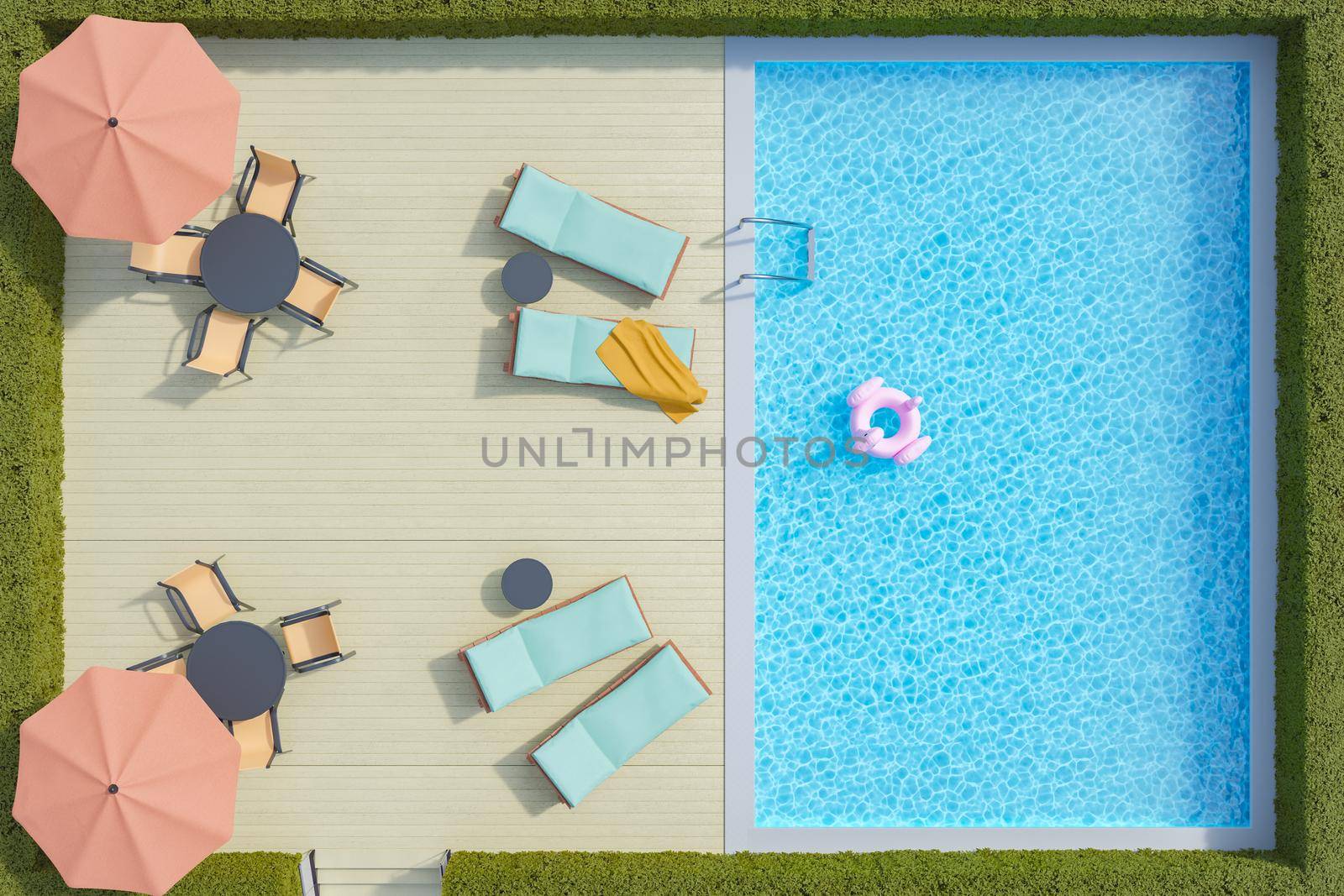 top view of a terrace with tables and umbrellas and a swimming pool surrounded by bushes. 3d rendering