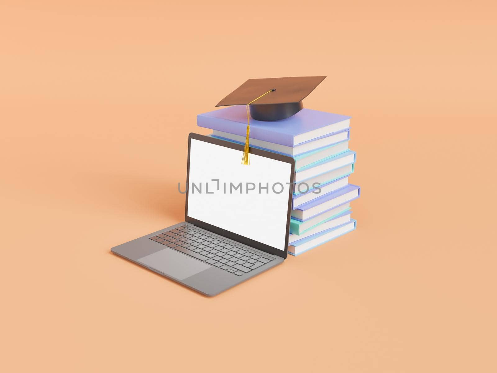 3d illustration of modern laptop with empty screen near stack of books with graduation cap against beige background