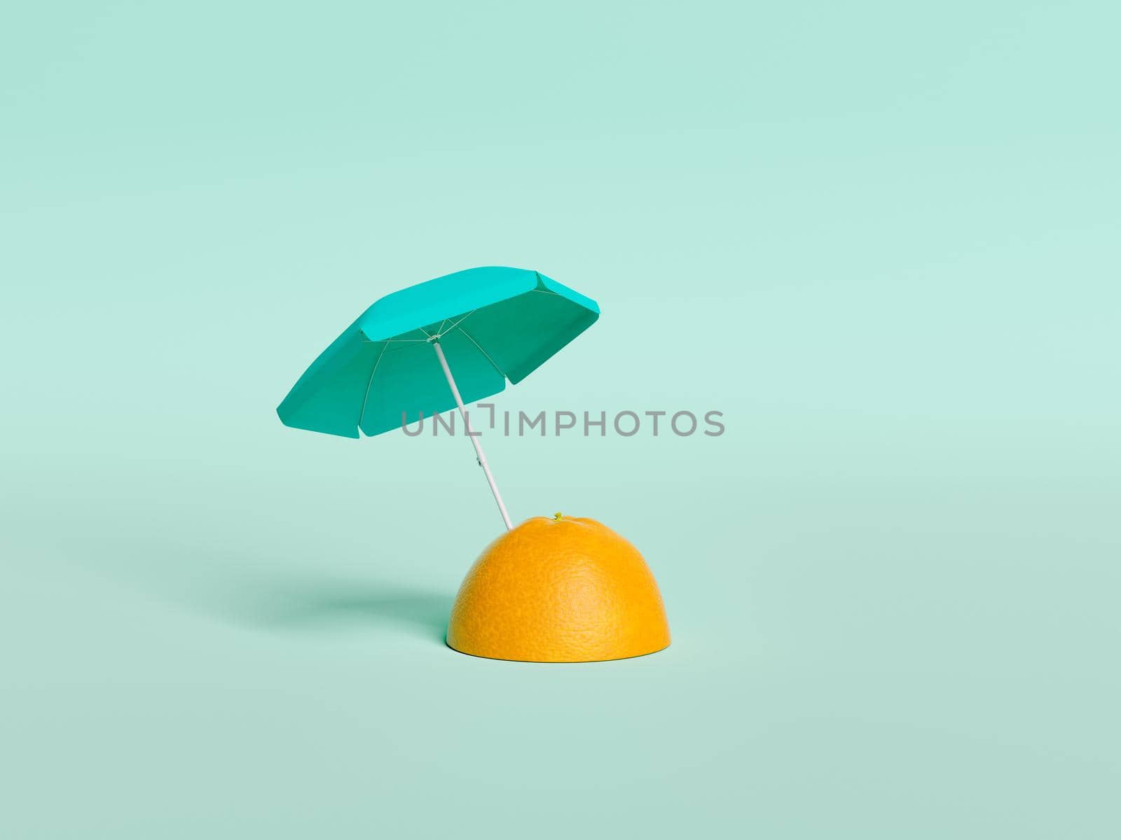 half orange with an umbrella stuck in it. minimalistic concept of summer, spring and fruits. 3d rendering