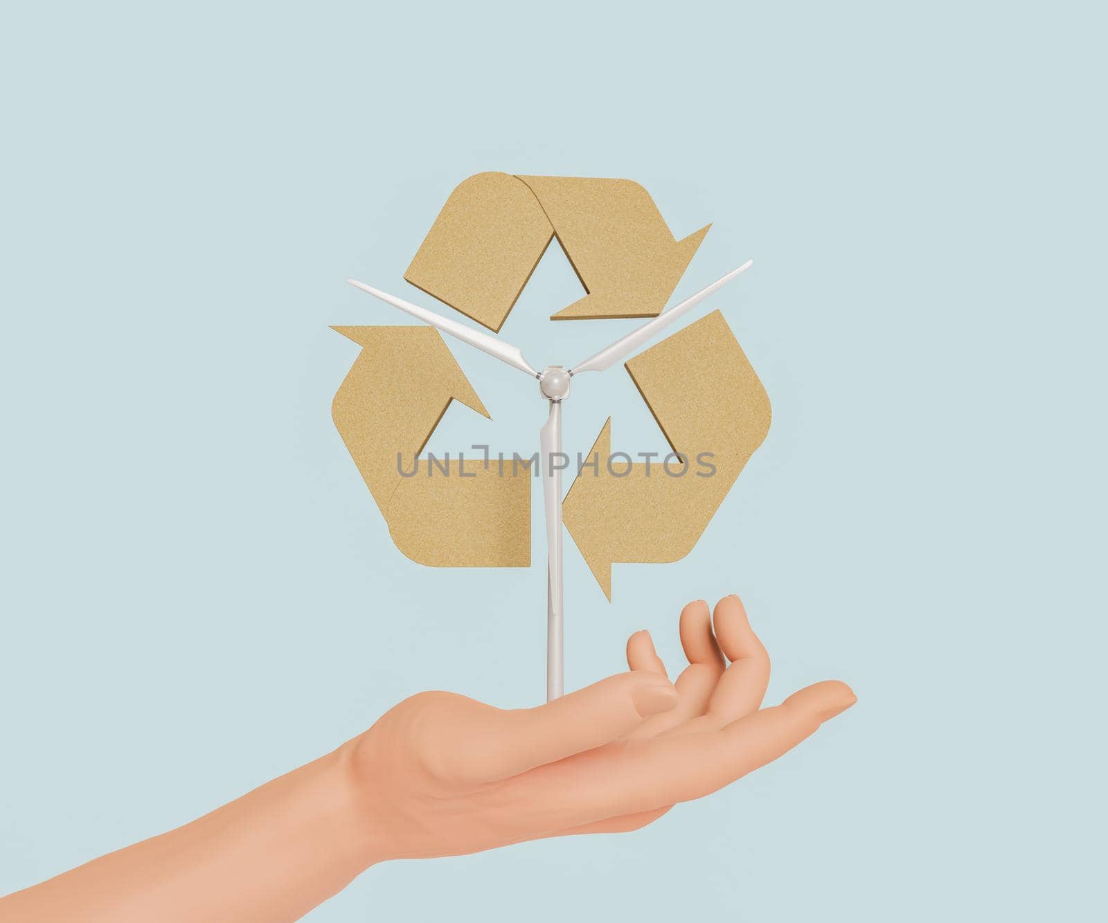 hand holding a wind turbine with the recycling symbol behind it. concept of climate change, renewable energy and global warming. 3d rendering