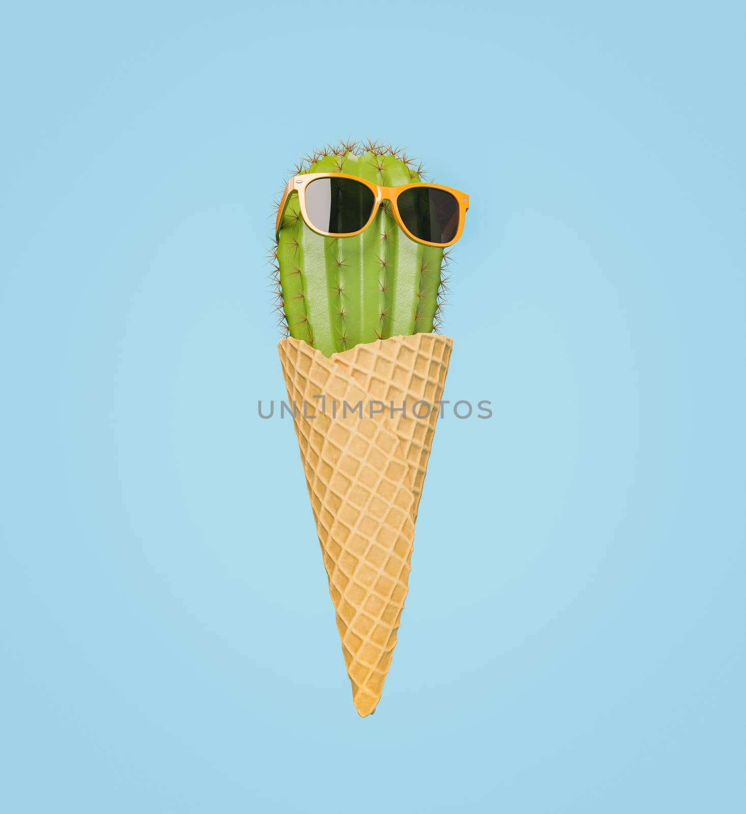 ice cream cone with a cactus with sunglasses on blue background. 3d rendering