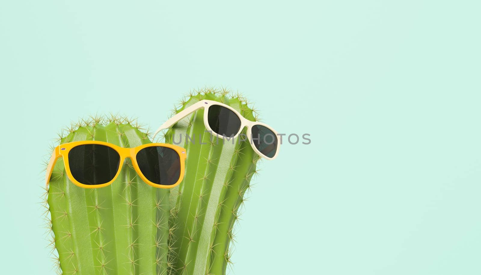 close-up of cactus with sunglasses on blue background and space for text. 3d rendering