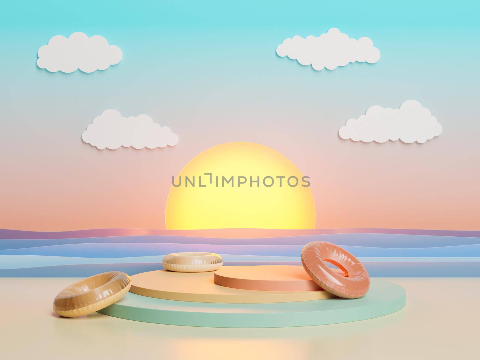 podium for product display on an artificial beach at sunset in a studio. concept of summer products, beach, nature, travel and vacations. 3d rendering