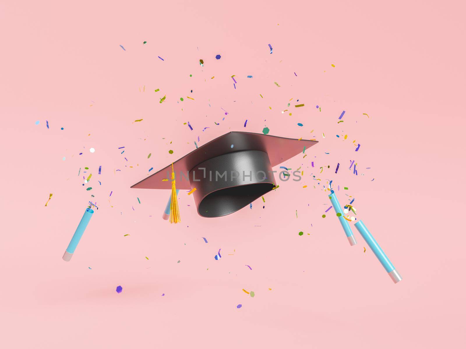 Graduation cap with colorful flying confetti on pink background by asolano