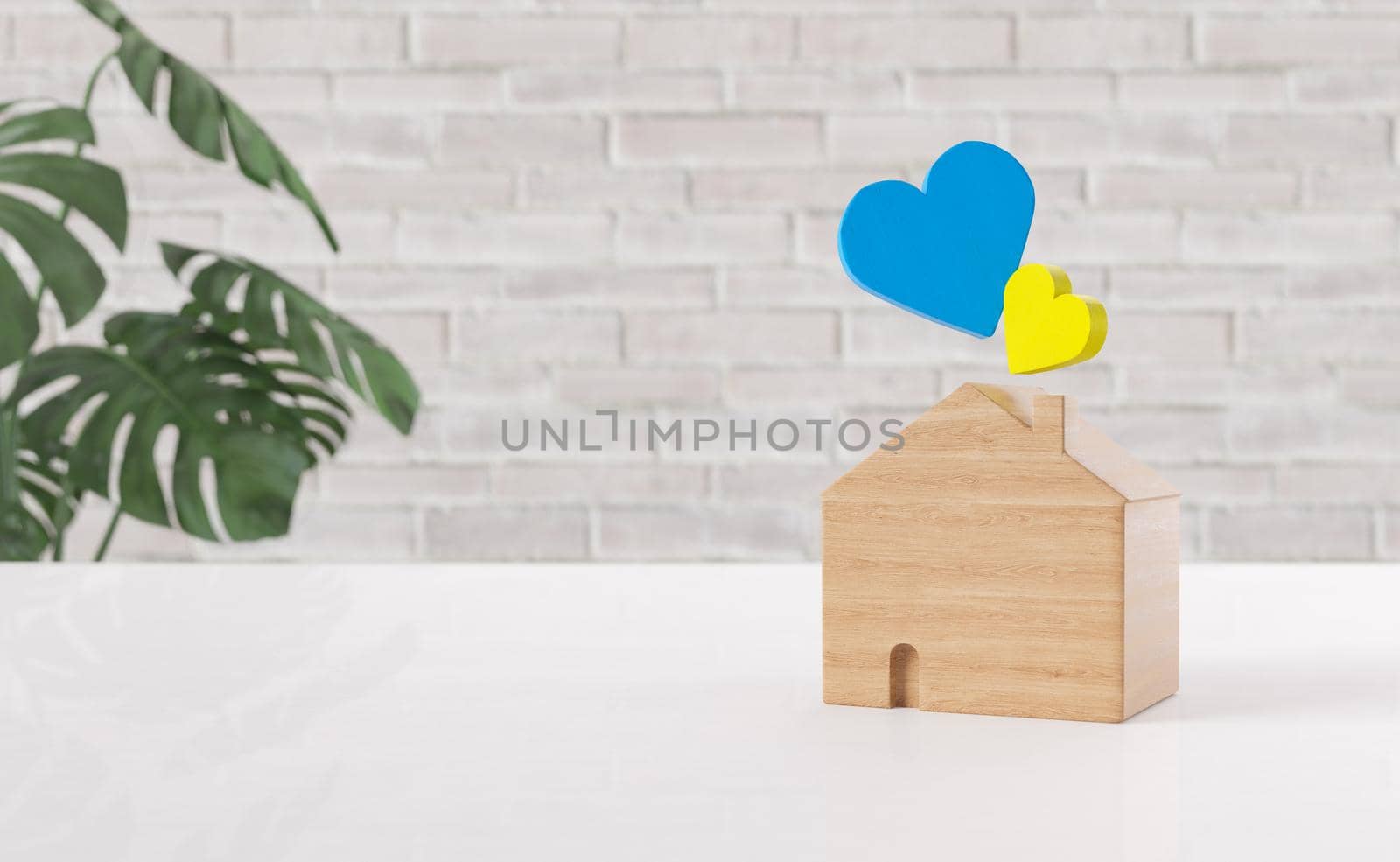 wooden house with hearts in the colors of the national flag of ukraine on a table with blurred background. concept of refugees, home, family, shelter, solidarity and war. 3d rendering