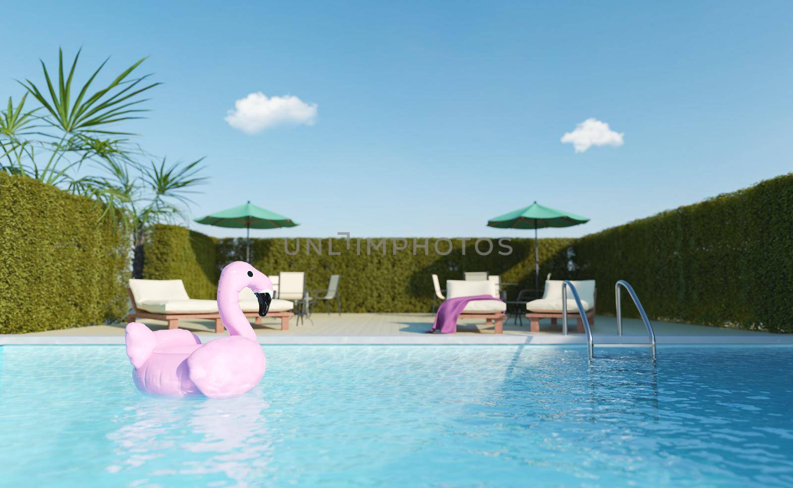 close up of flamingo float in a pool with a terrace in the background. 3d rendering