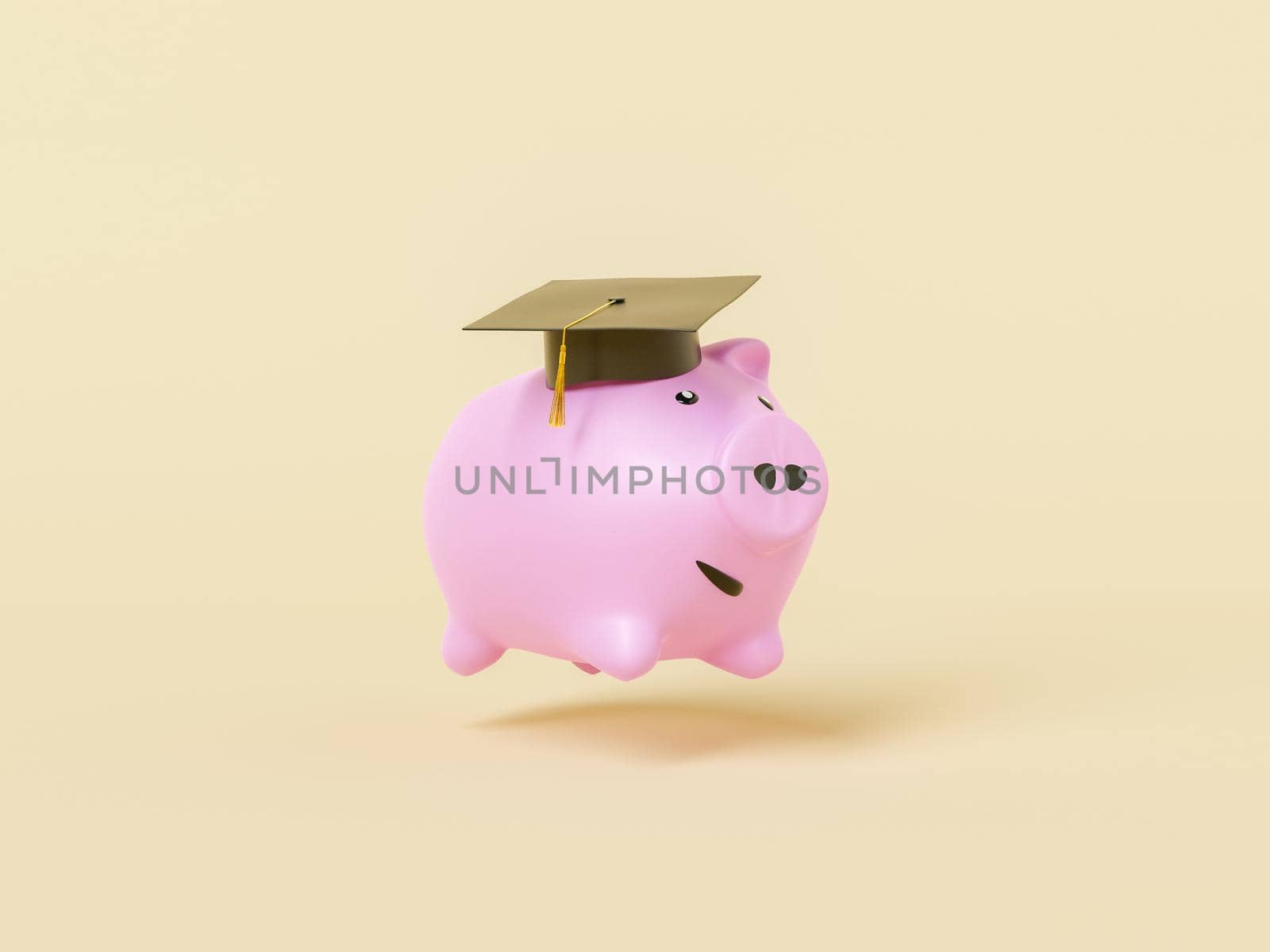 3d illustration of jumping happy piggy money bank in academic cap for education investment concept on light beige background