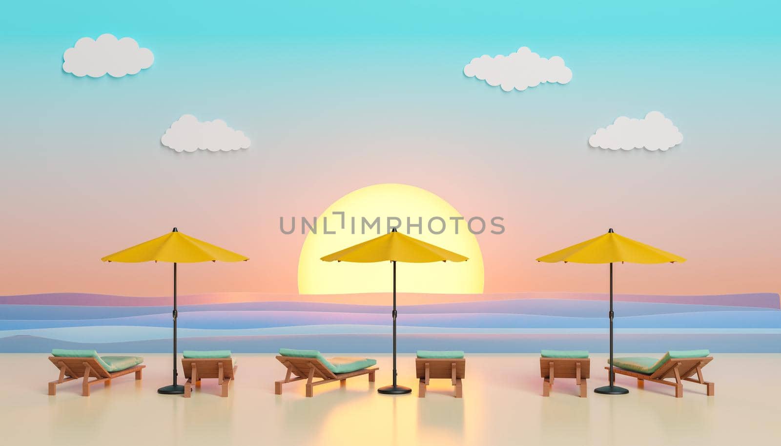 umbrellas and loungers on an artificial beach at sunset in a studio. summer concept, beach, vacations, travel, resorts and relaxation. 3d rendering