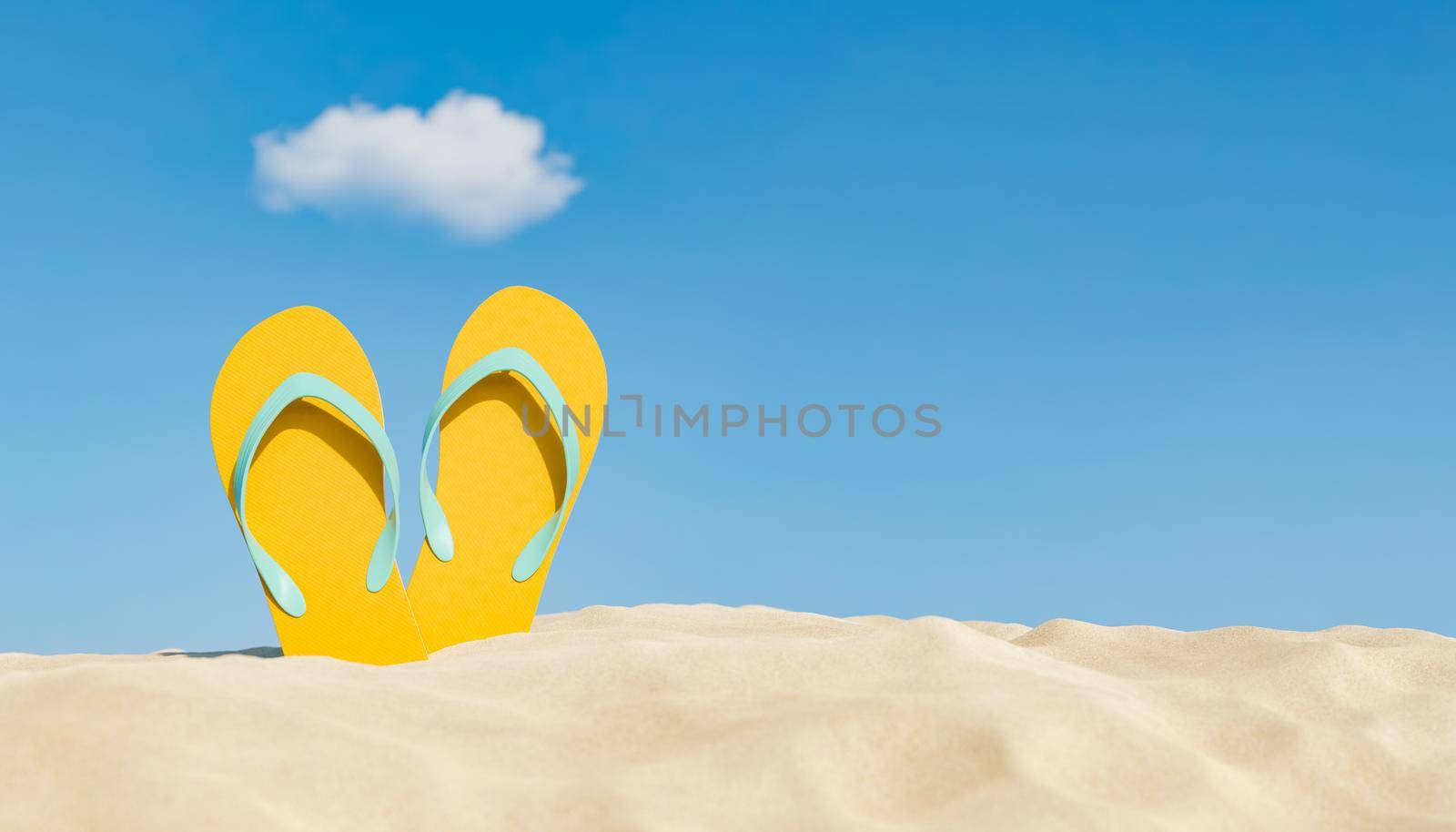 flip flops on beach sand with clear sky and a cloud overhead. copy space. summer concept. 3d rendering