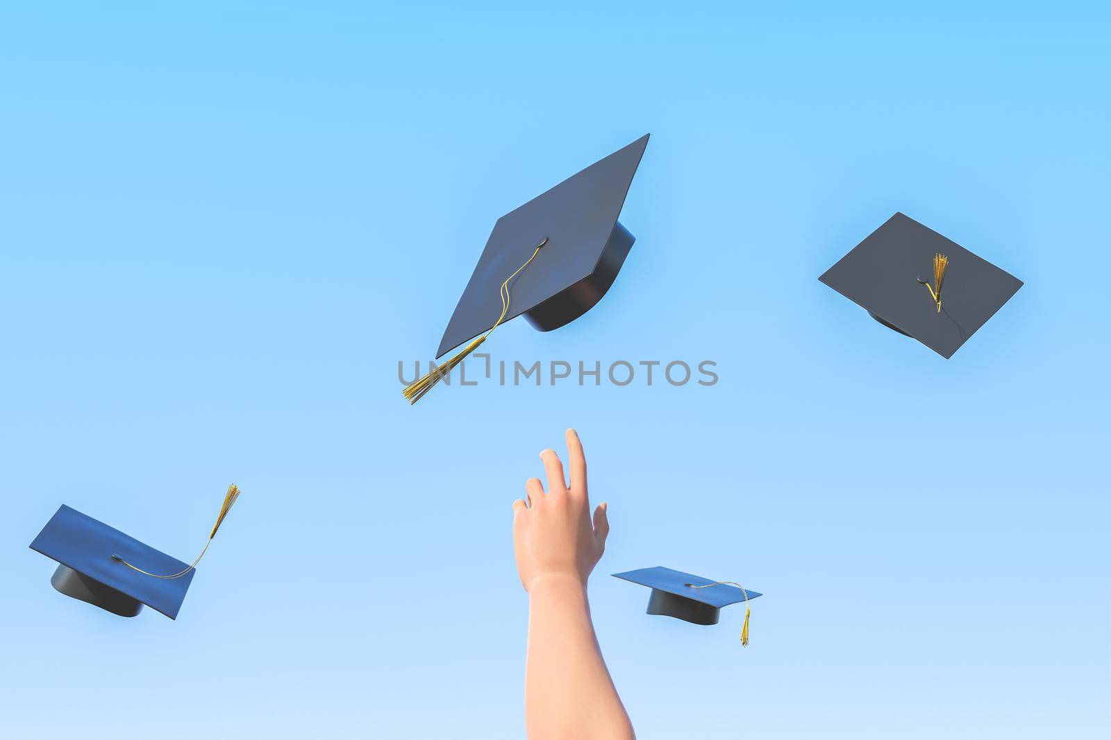 3d illustration of student tossing up graduation cap against other academic hats on blue background