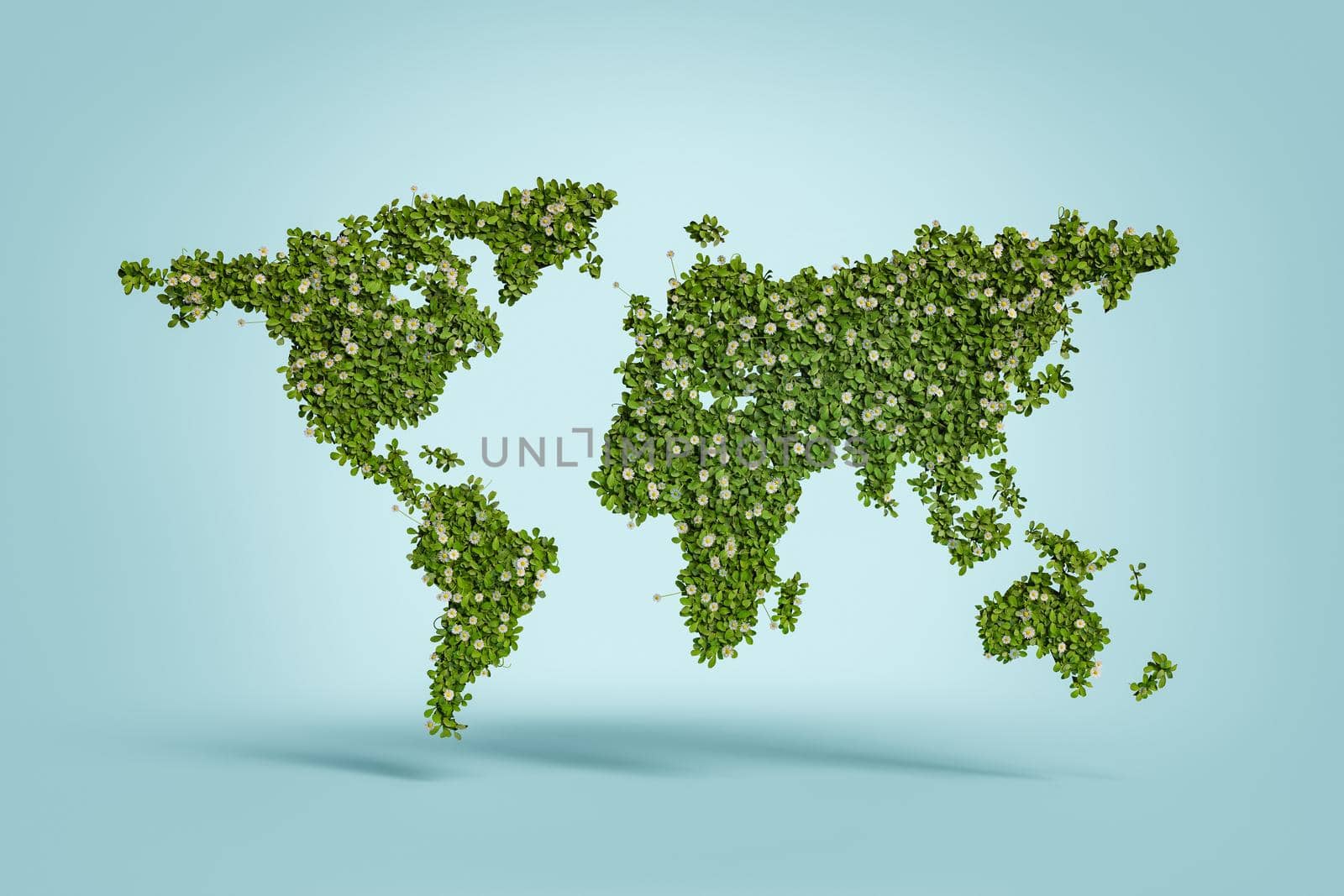 world map of vegetation and flowers with blue background. 3d rendering