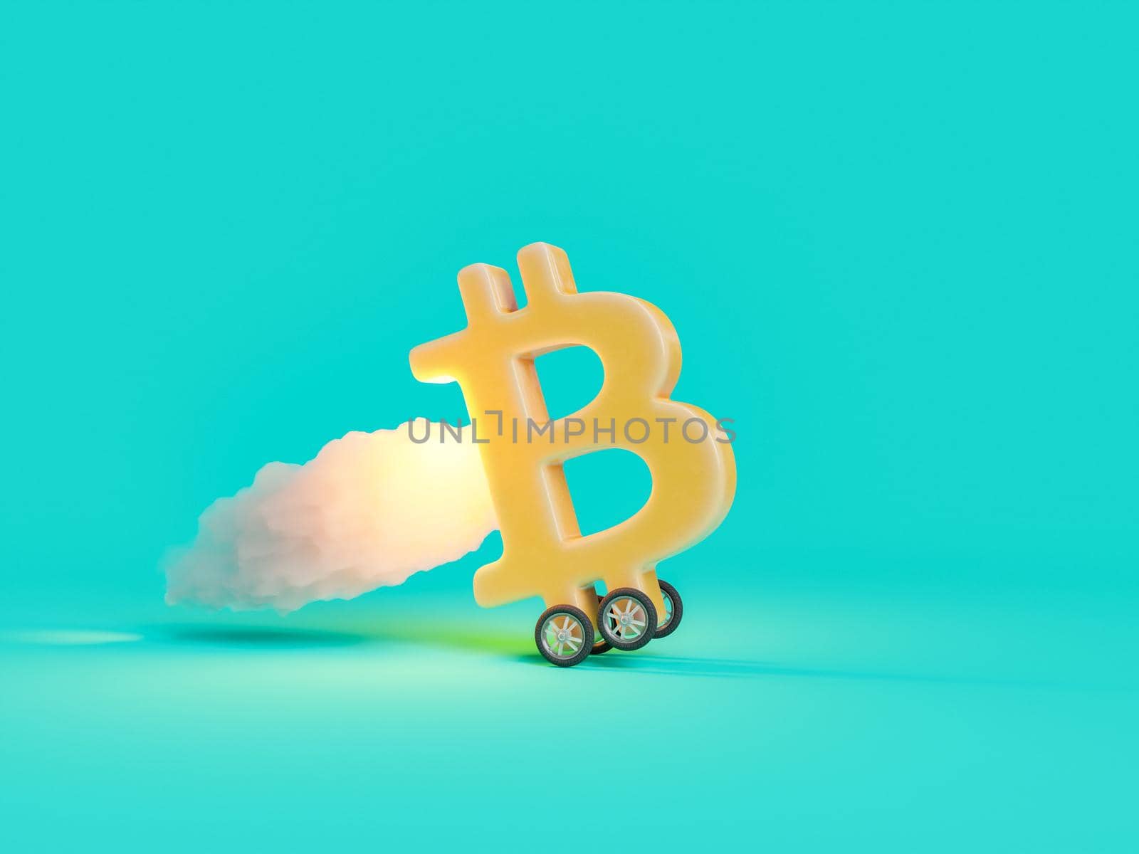 Bitcoin symbol driven with wheels and smoke trail behind by asolano